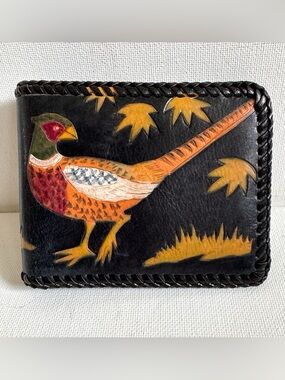Vintage Folk Art Western Black Leather Pheasant Bird Bifold Wallet Hand Painted